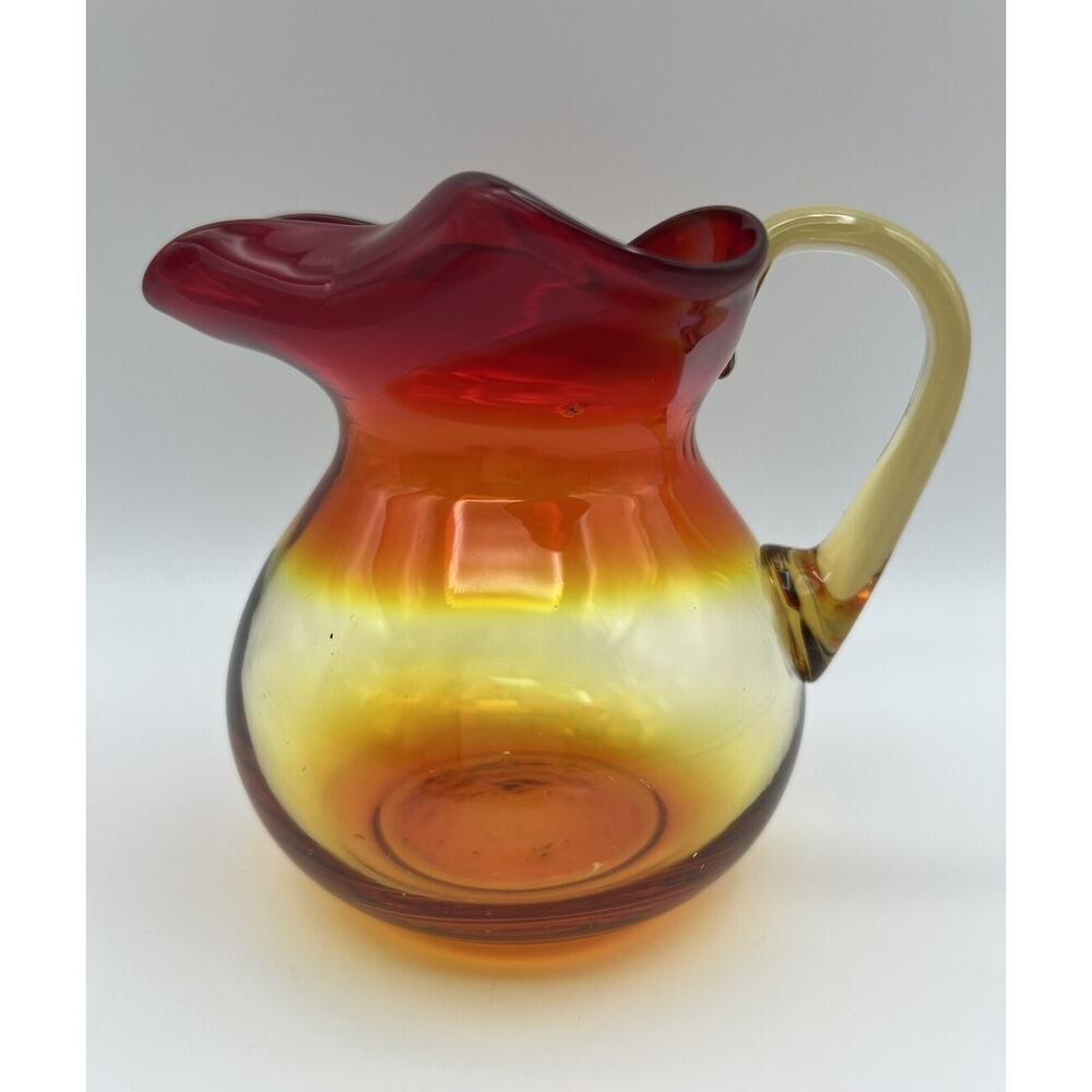 Amberina Red Orange & Yellow Art Glass Squat Jug Creamer Pitcher 5” Folded Rim